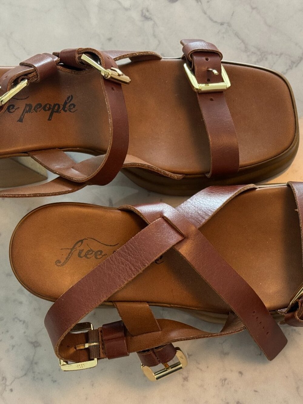 Free People Brown Leather Sandals Gold Buckle Size 8